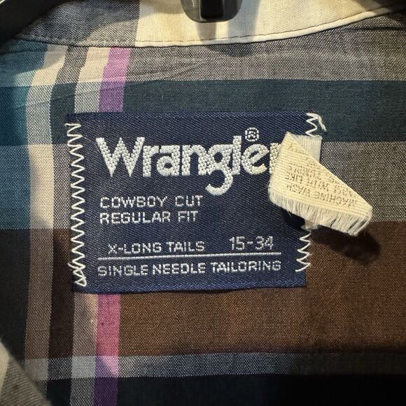 Wrangler Men's 15 - 34 Western Pearl Snap Plaid Shirt Long Sleeve Brown Blue - Picture 3 of 9